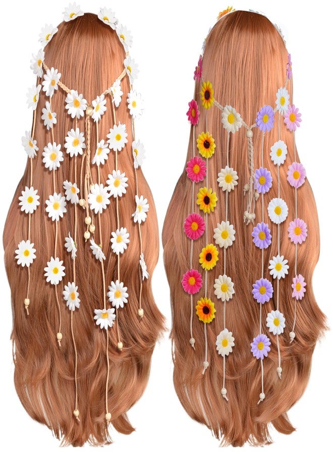 Sucrain 2pcs Flower Hippie Headband Floral Crown Summer Sunflower Hair Accessories for 70s Bohemian Costumes Style for Women (White+Colorful) - Image 1